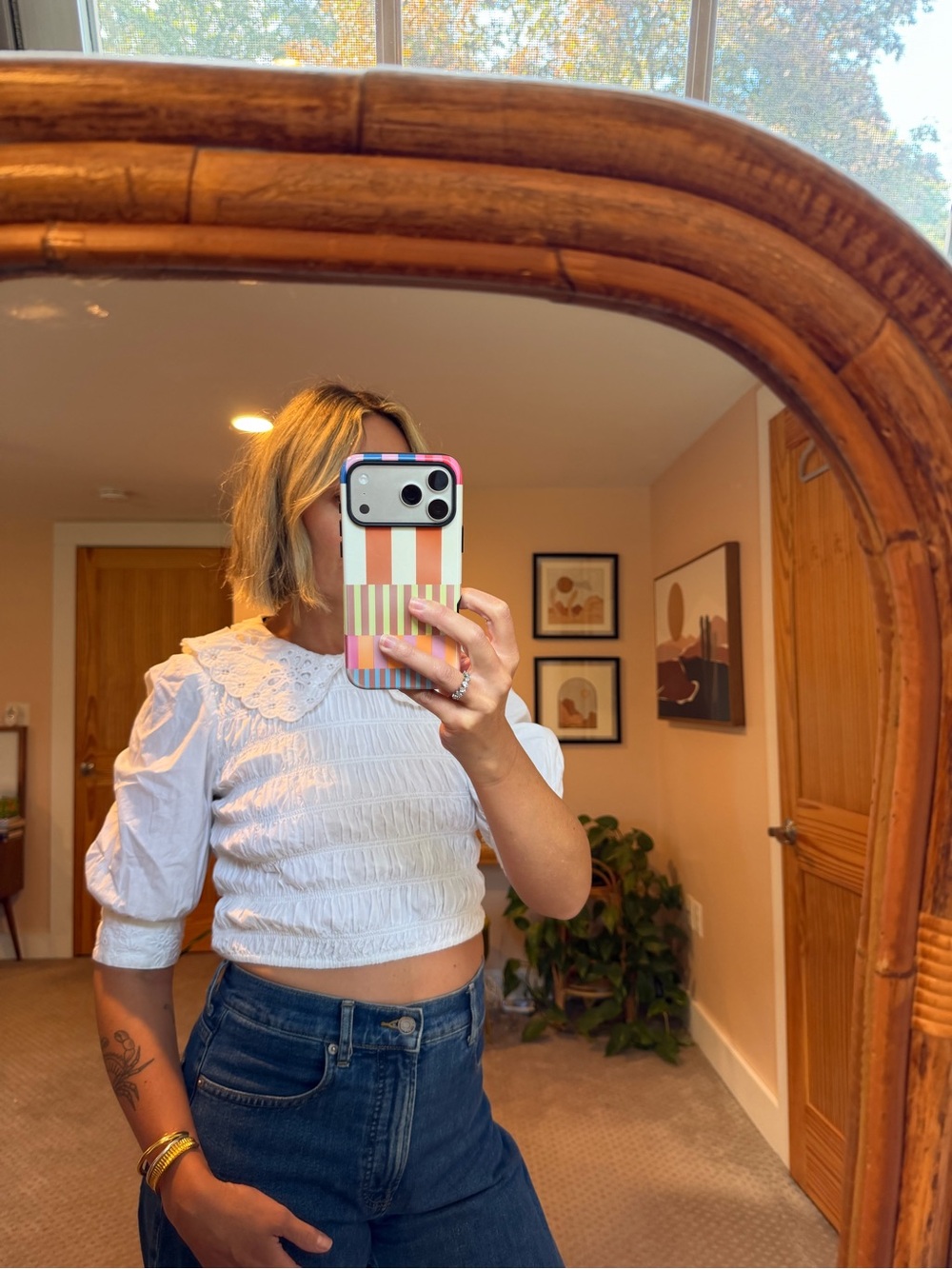 Zara White Smocked Puff-Sleeve Top with Lace Collar